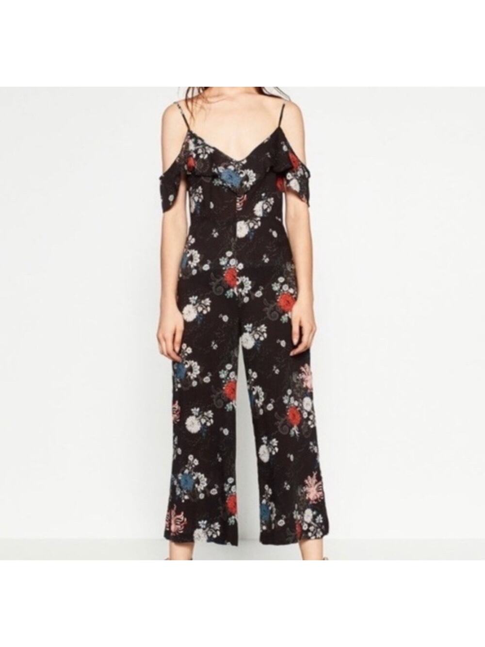Zara Black Floral Off the Shoulder Flutter Sleeve Jumpsuit Womens S New No Tags